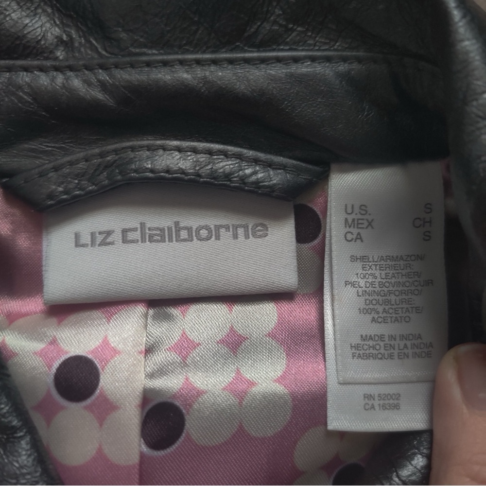 Liz Claiborne Black Leather Jacket Silver Tone Turn-lock closure Pink dot lining - Picture 3 of 6